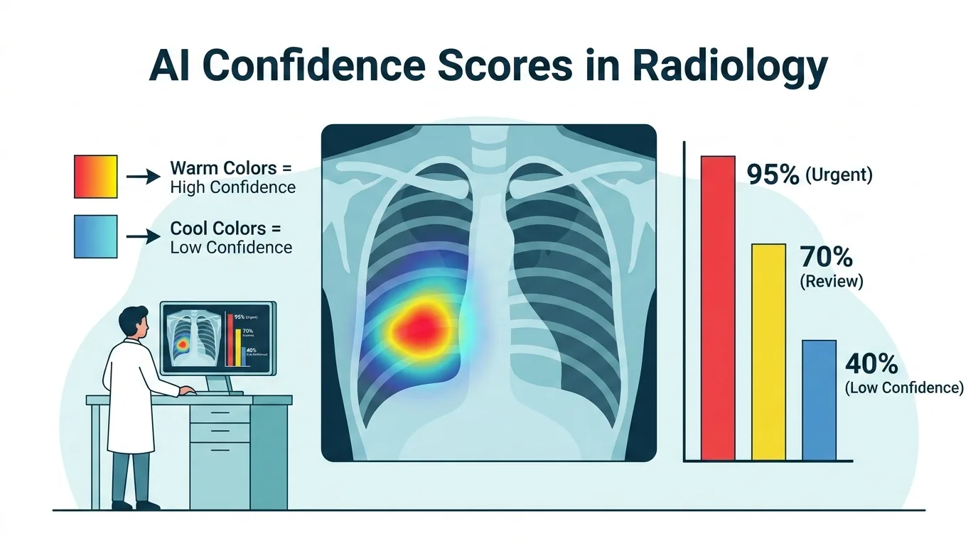 AI confidence scores in radiology — showing heatmap overlay and confidence levels from urgent to low