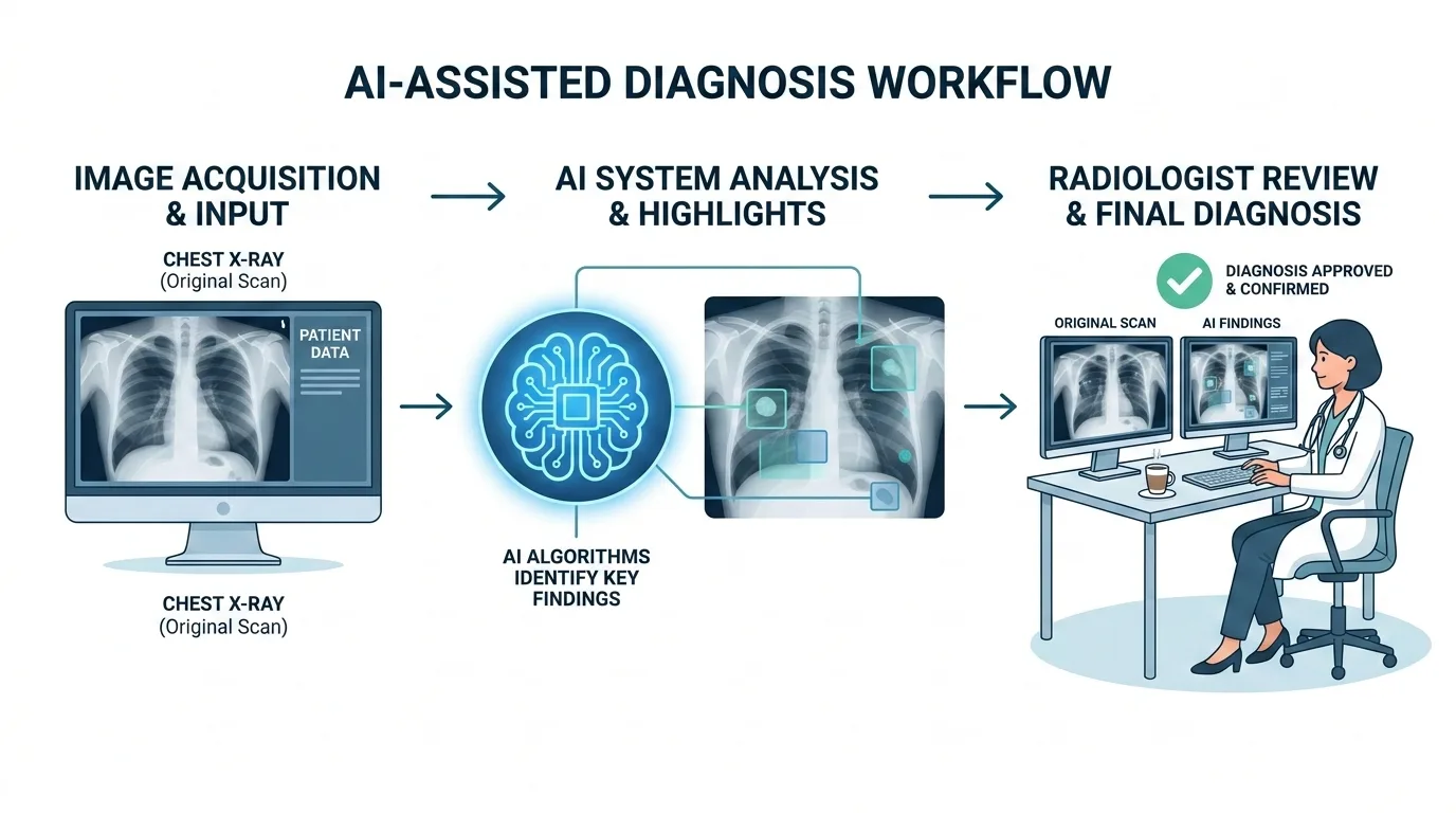 AI-assisted diagnosis workflow showing your scan going through AI analysis then radiologist review