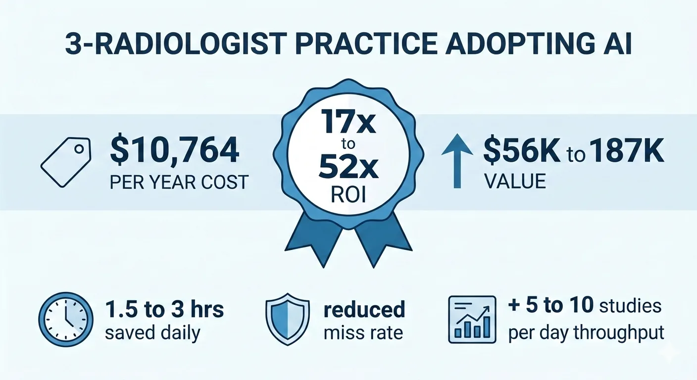ROI breakdown infographic: $10,764 annual cost versus $56K–$187K in value — showing 1.5–3 hours saved daily, reduced miss rates, and 5–10 additional studies per day