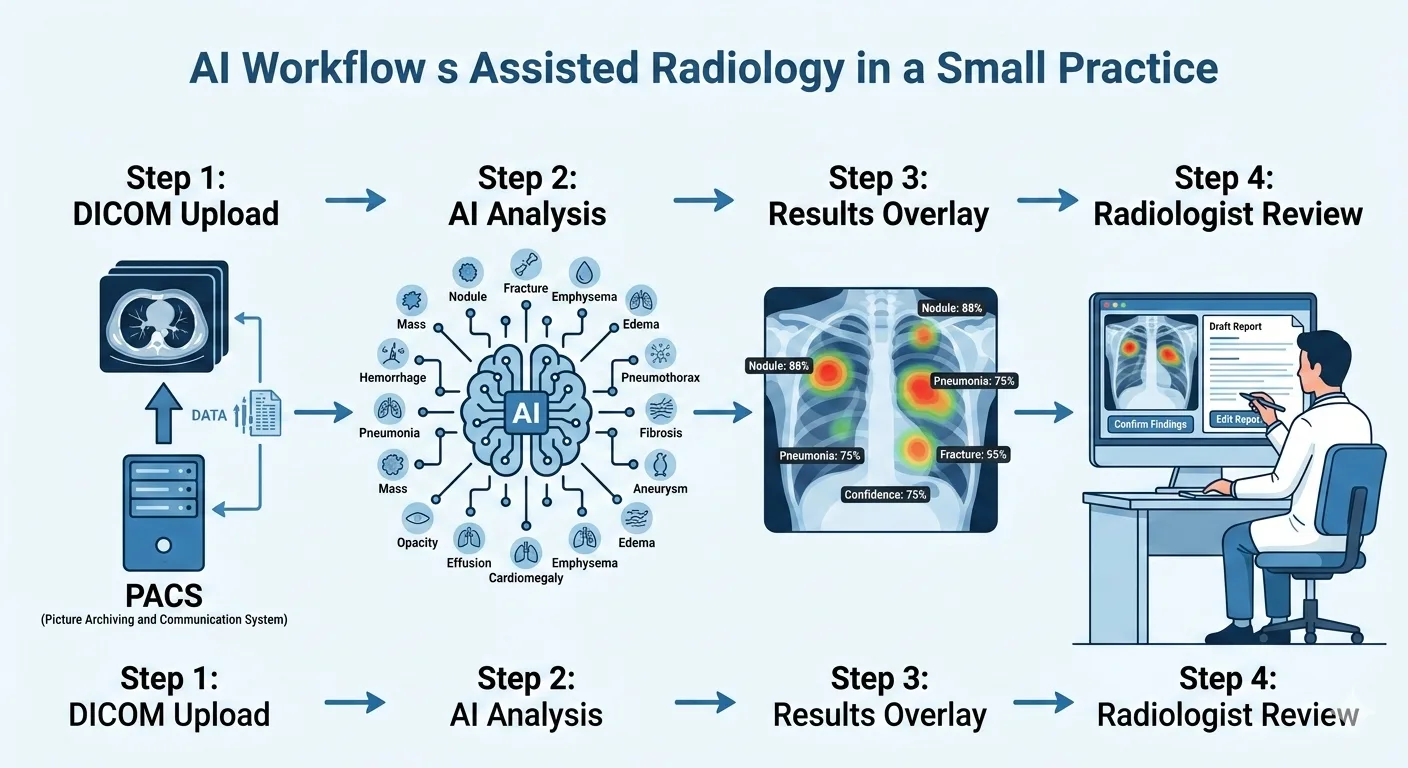 Four-step AI radiology workflow: DICOM upload from PACS, AI analysis across 15+ pathology categories, heatmap results overlay with confidence scores, and radiologist review of the AI draft report