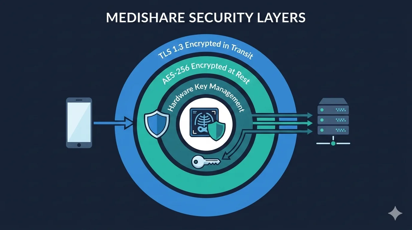Medixshare Security Layers — three concentric encryption layers protecting your medical scans from device to server