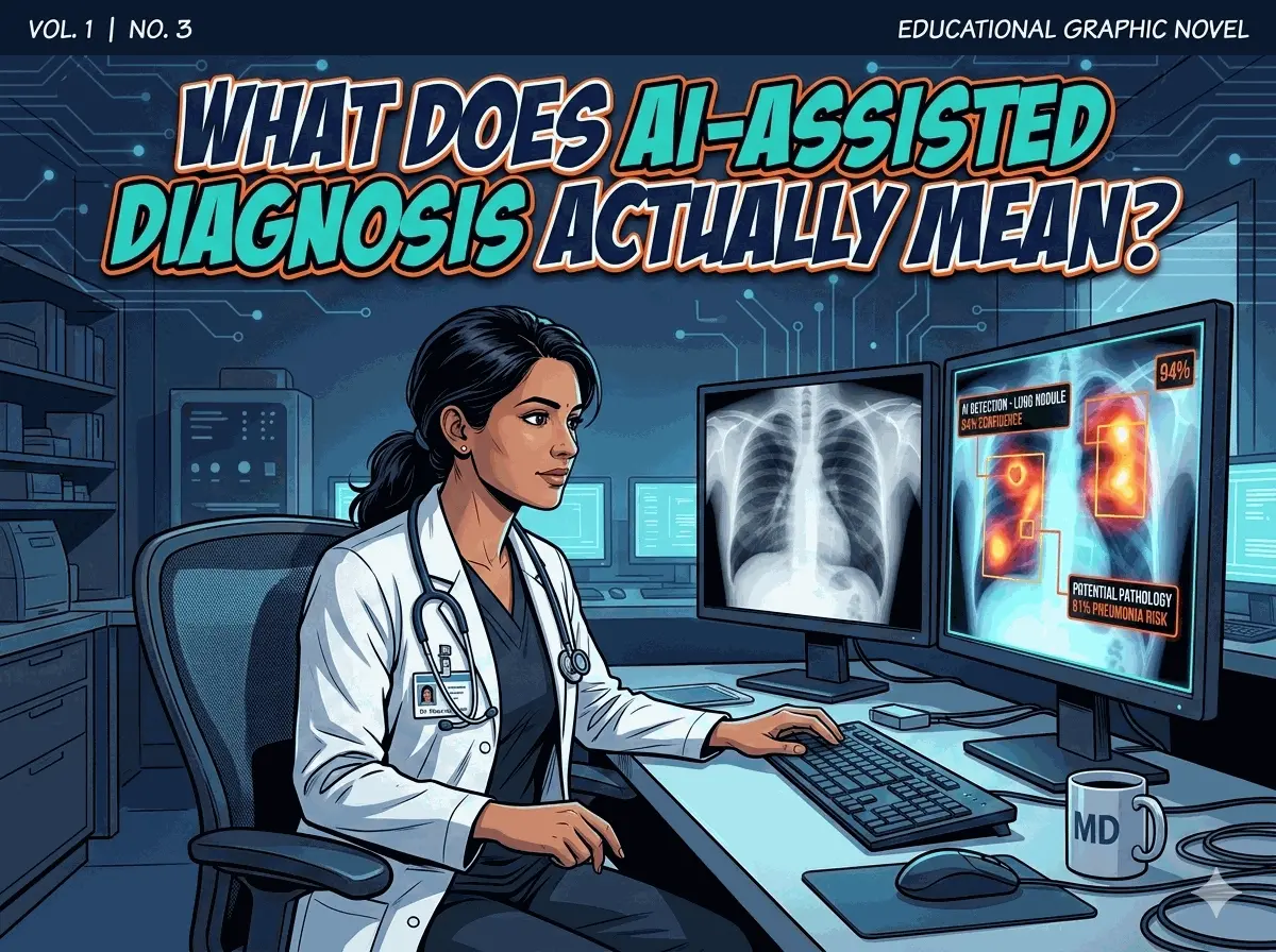 Comic: What Does AI-Assisted Diagnosis Actually Mean? — Dr. Maya debunks the myths and shows how AI really works in radiology