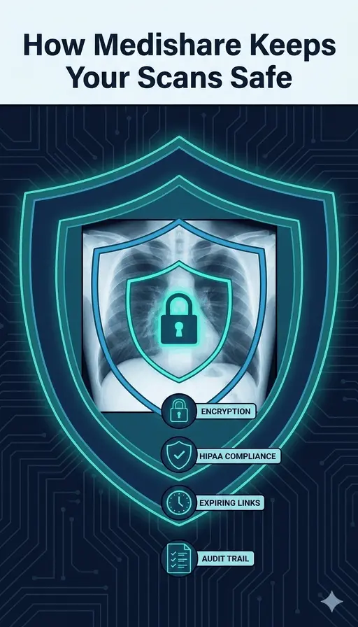 Comic: How Medixshare Keeps Your Scans Safe — from healthcare data breach risks through encryption layers, secure sharing workflow, to HIPAA-compliant peace of mind