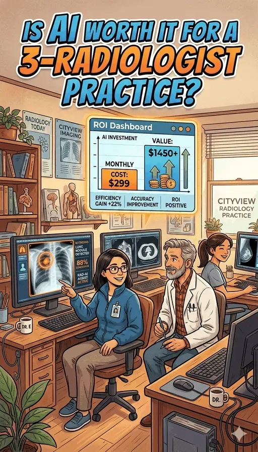 Comic: Is AI Worth It for a 3-Radiologist Practice? — from the daily grind of 150+ studies to ROI breakdown and the new normal of leaving on time