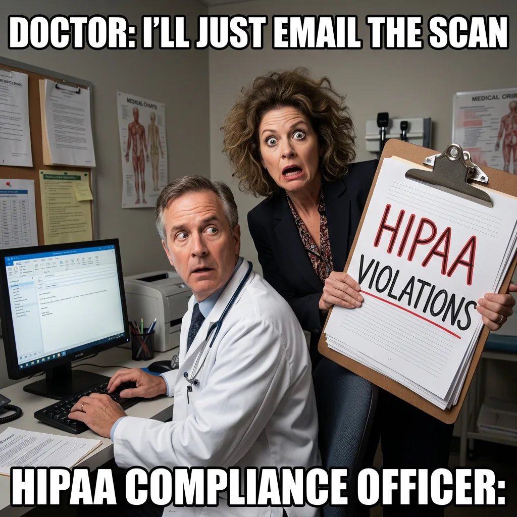 Meme: Doctor tries to email scan, HIPAA compliance officer appears like a horror movie